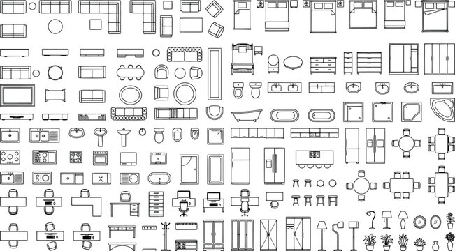 Collection of furniture and home appliances icons, top view, vector set