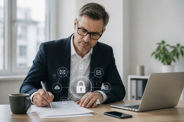 Fototapeta premium A middle-aged man wearing glasses is sitting at a wooden desk, working on documents and using a laptop with digital security icons displayed.