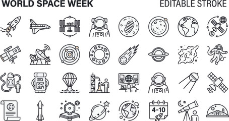 World space week exploration icons set with thirty two on transparent background Editable Stroke. © icon_vectors