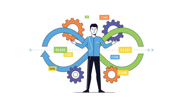 Experienced software developer managing continuous integration pipeline represented by a colorful infinity loop with gears.