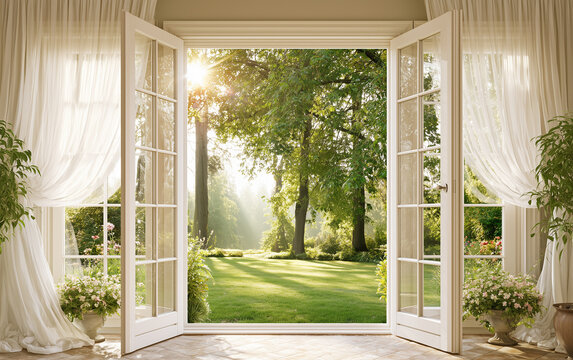 Open french doors reveal sunny backyard garden landscape with green grass trees, flowers. White curtains frame bright natural light inside cozy house room.