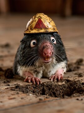 Surprised mole-rat in a hard hat digging on a wooden floor