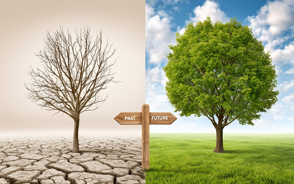 Symbolic landscape shows contrast between two worlds. Left side dry cracked earth, dead tree representing past. Right side green grass, tree representing future.
