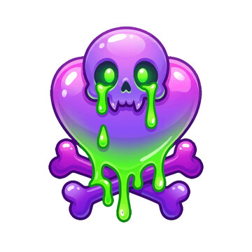 Stylized Purple Heart Skull Icon with Glowing Green Ectoplasm Slime Drip and Crossed Bones Graphic