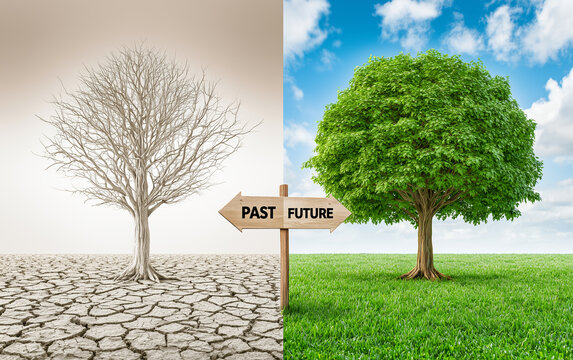 Symbolic landscape shows contrast between two worlds. Left side dry cracked earth, dead tree representing past. Right side green grass, tree representing future.