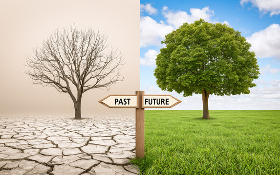 Symbolic landscape shows contrast between two worlds. Left side dry cracked earth, dead tree representing past. Right side green grass, tree representing future.