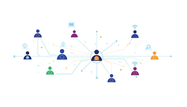 Digital networking illustration of connected user avatars representing virtual online community and remote work.