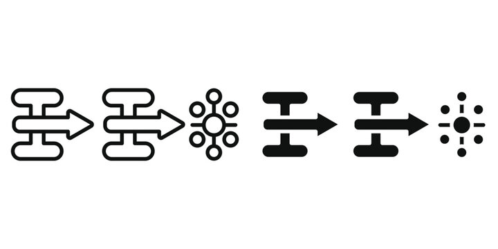 AI Workflow Automation Icon Set Vector Line and Glyph Icons for Artificial Intelligence, Machine Learning, Data Processing, Flowchart, Network, Digital Transformation, Business Optimization Concept