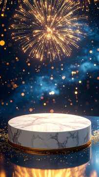 A circular marble podium stands beneath exploding golden fireworks on a dark blue bokeh background for festive product presentation.