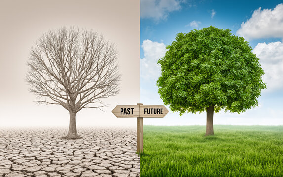Symbolic landscape shows contrast between two worlds. Left side dry cracked earth, dead tree representing past. Right side green grass, tree representing future.