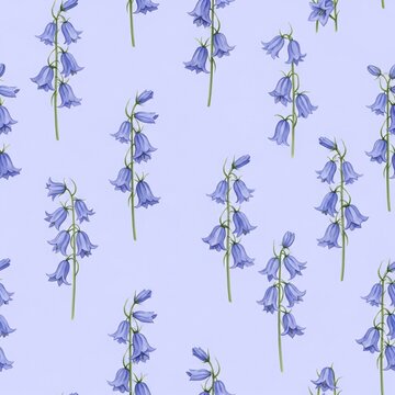 Bluebell flowers seamless pattern on light blue background, botanical campanula floral repeating background for stationery and packaging design