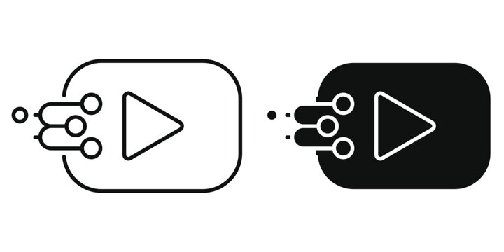 AI Video Generator Vector Icon Set, Artificial Intelligence Media Creation, Digital Tech Play Button with Circuit Nodes, Linear & Glyph Style Editable Stroke