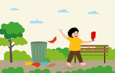 bully boy littering in the park bad habit kids aggressive uncontrollable behavior