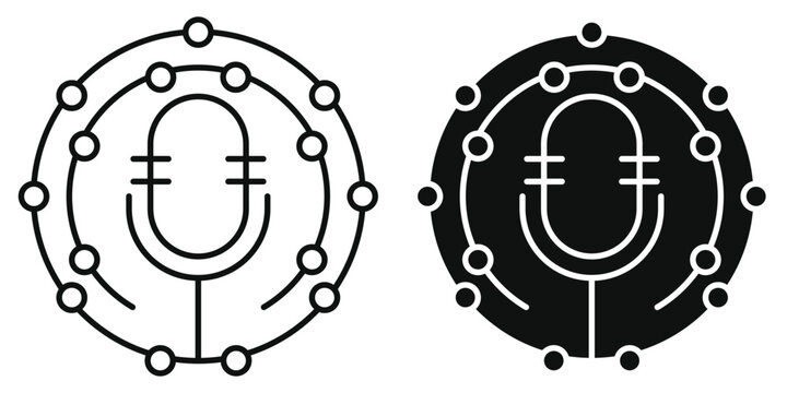 AI Voice Assistant Line and Glyph Icon Set, Smart Sound Recognition Microphone Vector Illustration, Artificial Intelligence Audio Command Symbol
