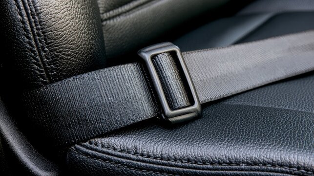 Close up view of buckled car safety seatbelt strap fastened securely inside vehicle interior, showing automobile protection, travel safety, passenger security and responsible driving concepts