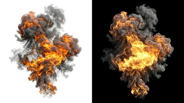 Explosive Fireball: A dramatic explosion erupts with intense flames and dark smoke, creating a powerful and dynamic visual effect on both white and black backgrounds.