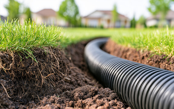 Black plastic irrigation pipe installed in narrow trench under green grass lawn. Underground watering system setup in garden soil for lawn maintenance