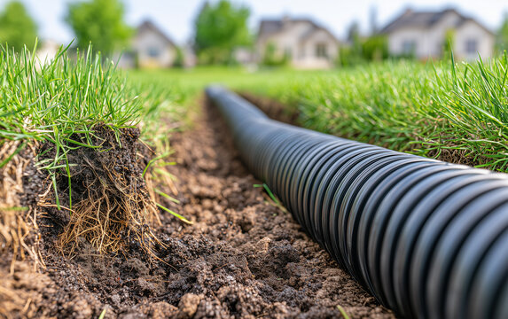 Black plastic irrigation pipe installed in narrow trench under green grass lawn. Underground watering system setup in garden soil for lawn maintenance