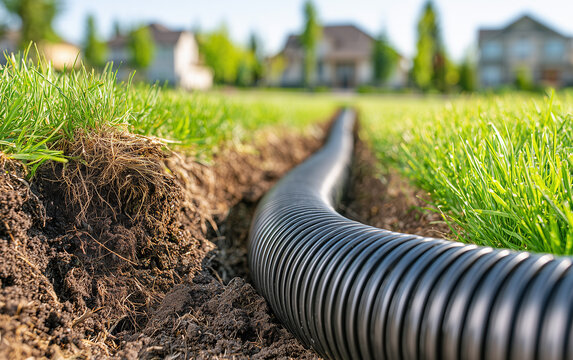 Black plastic irrigation pipe installed in narrow trench under green grass lawn. Underground watering system setup in garden soil for lawn maintenance