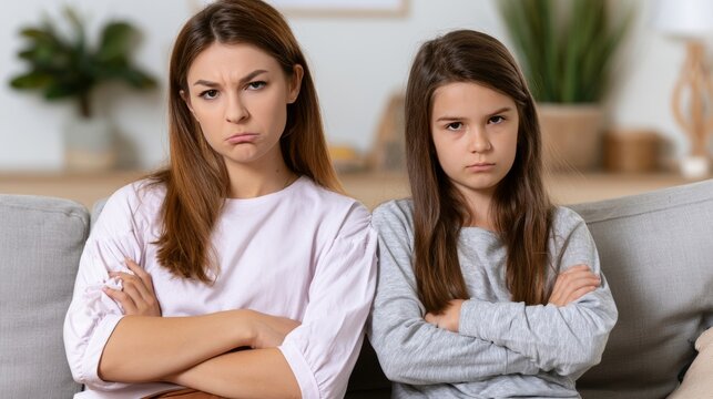 Angry mother and child sitting on couch during family conflict, parent scolding and teaching moment at home, showing discipline, communication, childcare and emotional relationship concepts