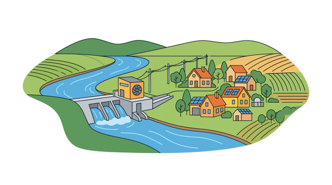 Small Hydropower Plant Providing Electricity to a Rural Village Illustration