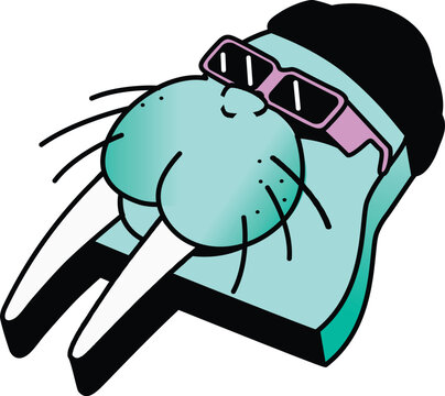 Cool walrus sticker badge icon. Hipster animal character, sunglasses and tusks. Fun humor, wildlife quirky personality, Children's merchandise apparel printing, digital sticker modern character design