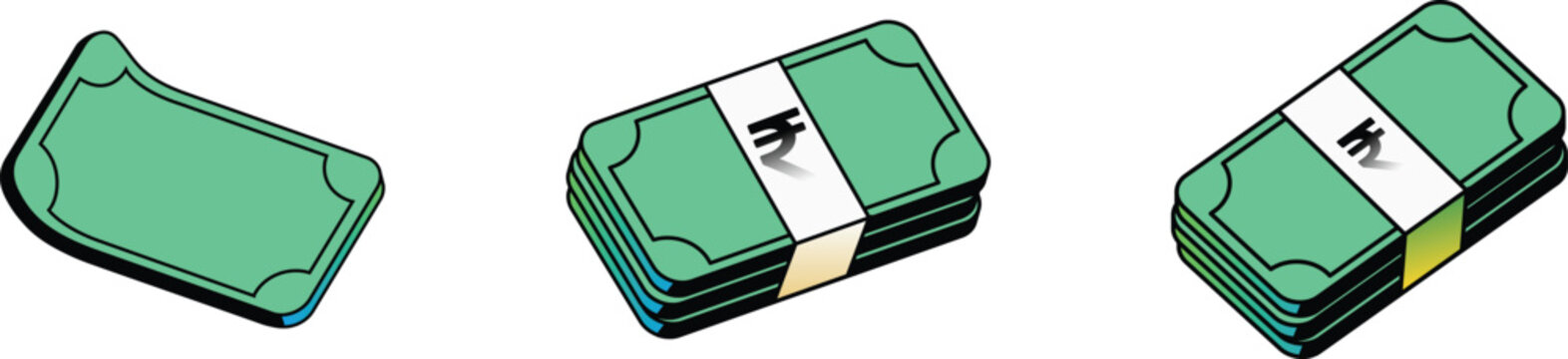 Indian rupee note bundle isometric 3D icon. stacked green currency notes, paper bands. Wealth, finance banking, investment savings, economic corporate business presentations. Financial UI fintech apps