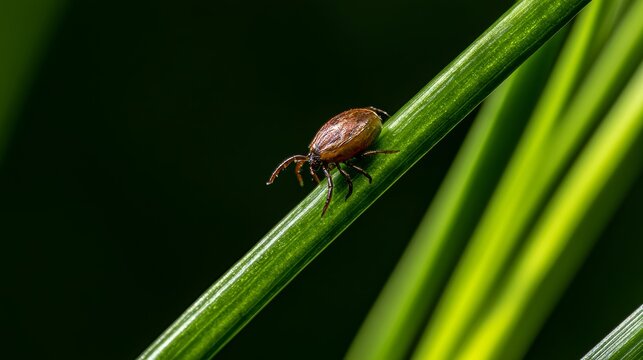 Small brown tick crawling on bright green grass stalk in nature, high contrast macro scene showing tiny parasite insect, pest behavior, wildlife survival, and hidden danger in outdoor environment