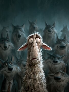 Frightened sheep surrounded by grinning wolves