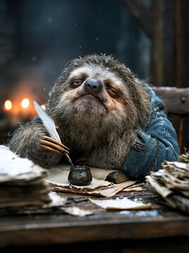 Wise furry scribe writing at a rustic desk with a quill pen.