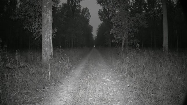 Night vision view of a dark forest road surrounded by overgrown vegetation, eerie wilderness scene showing mysterious atmosphere, hidden danger, surveillance technology and nighttime exploration