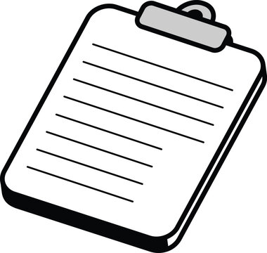 Isometric clipboard notepad icon. Checklist pad, metal clip, ruled lines. Notes, planning documentation, survey business organization. Office branding, education productivity app, UI UX design symbol 