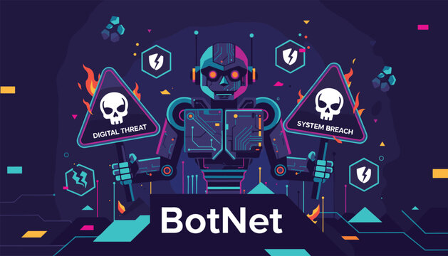 Threatening botnet security breach concept showing a robot holding digital threat and system breach signboards.