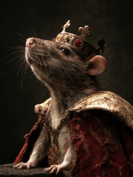 Majestic rat king in a crown and regal red robe