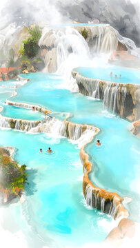 A majestic cascading waterfall with turquoise thermal pools and people swimming among travertine terraces