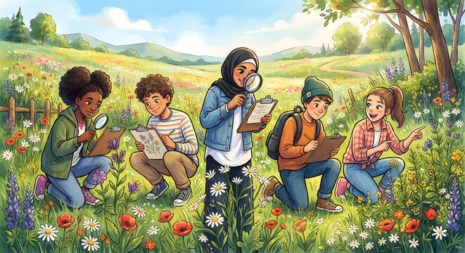 A diverse group of children conducting field studies in a wildflower meadow