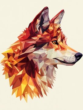 Geometric low poly art design of wolf head in orange and red tones against light background, modern polygonal illustration style