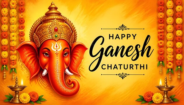 Illustration of lord ganesha with floral garlands and happy ganesh chaturthi text on yellow background