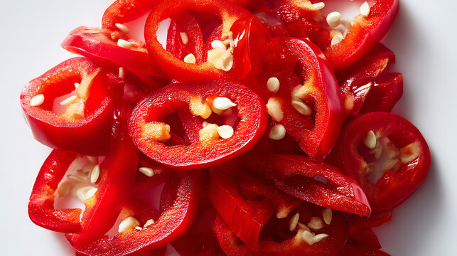 Sliced red chili peppers with visible seeds are arranged on a white surface