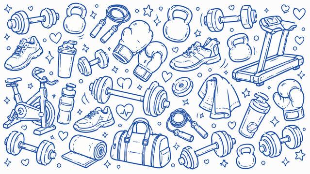 Hand drawn fitness doodle set, blue line art gym equipment icons, workout and bodybuilding vector collection for health and wellness design