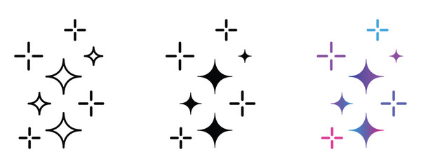 Fototapeta premium Magic sparkle stars icon set. Shining twinkle, glitter, glow, shine, fantasy, cleaning and decorative symbol. Vector illustration isolated on transparent background