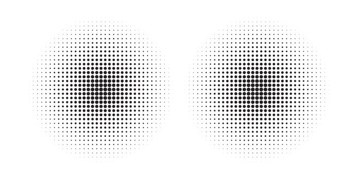 Halftone circle dotted frame circularly distributed set. Abstract dots logo emblem design element. Round border Icon using random halftone circle dot texture. Half tone circular background pattern.