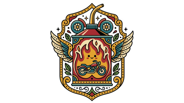 Kawaii Motorcycle Emblem with Flames and Wings