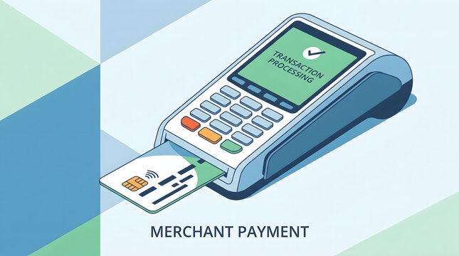 Isometric terminal machine processing a secure credit card payment on abstract blue background.