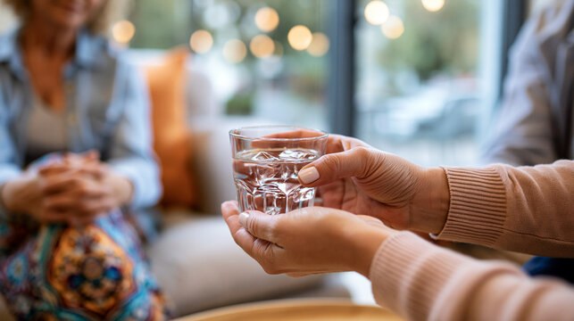Supportive hands offer a glass of water to a European woman seated in a bright office lounge with soft daylight, promoting mental health