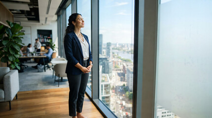 Fototapeta premium Businesswoman standing looking out of a modern office window at city skyline