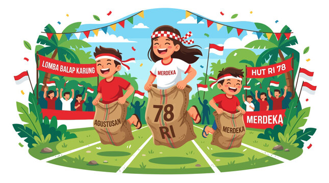 Indonesian Independence Day Sack Race Illustration with Joyful Children
