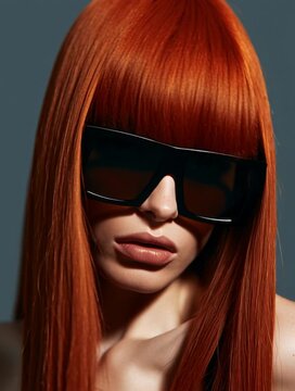 Rothaarige Frau mit futuristischer schwarzer Sonnenbrille blickt selbstbewusst in die Kamera. Modernes Beauty- und Fashionvideo zu Stil, Haarmode, Luxus und Trend&auml;sthetik.
