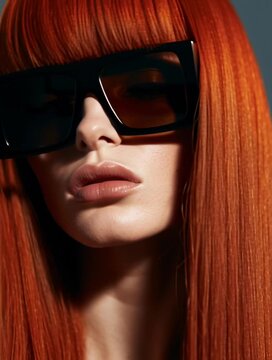 Rothaarige Frau mit futuristischer schwarzer Sonnenbrille blickt selbstbewusst in die Kamera. Modernes Beauty- und Fashionvideo zu Stil, Haarmode, Luxus und Trend&auml;sthetik.