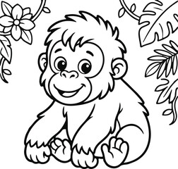 Obraz premium Cute baby orangutan sitting in the jungle with flowers and leaves, line art illustration for coloring book